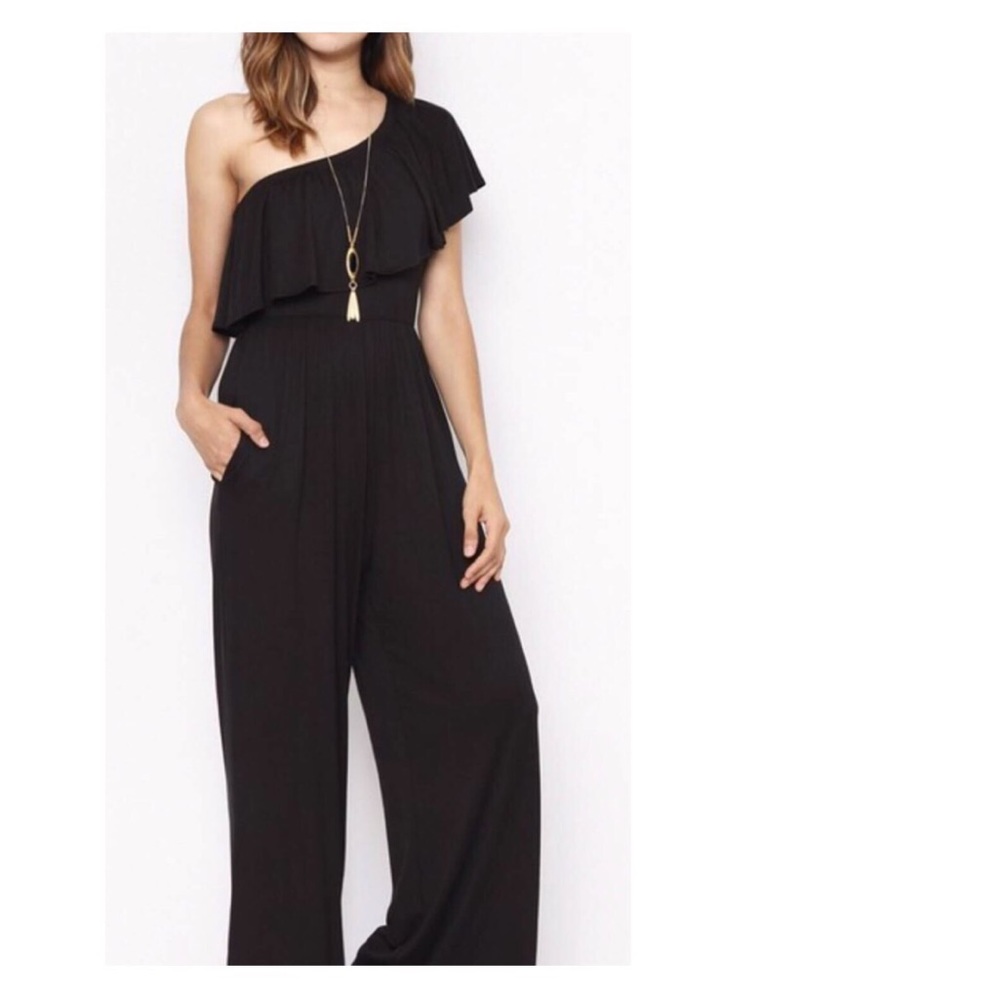 Black One Shoulder Ruffle Jumpsuit -Medium